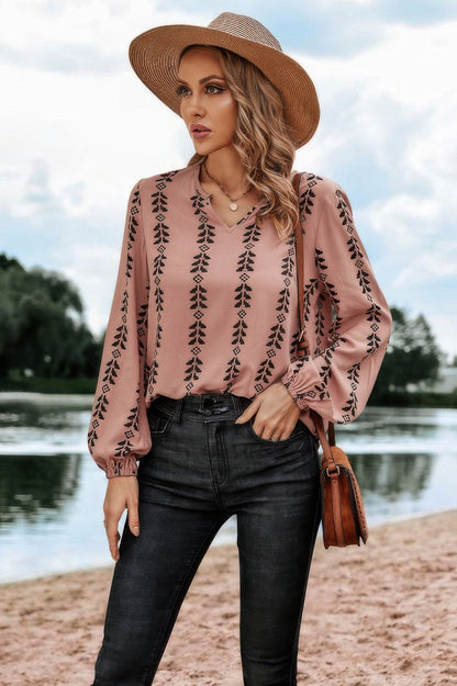 Graphic Print Strip Loose Fit V Neck Blouse - It's a Girly Place