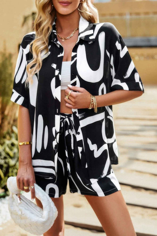 Allover Print Loose Fit Shirt Short Sets