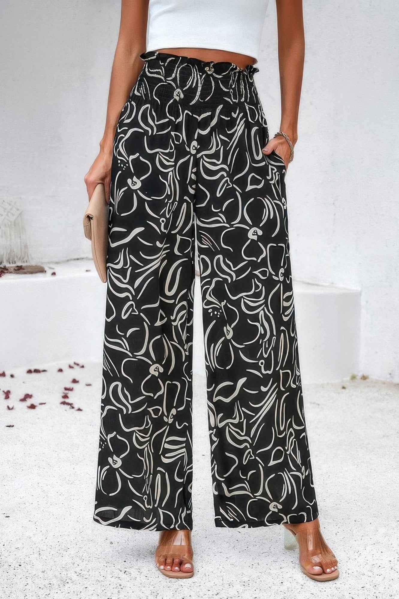 Allover Print Pockets Elastic Band Belt Pant