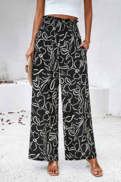 Allover Print Pockets Elastic Band Belt Pant