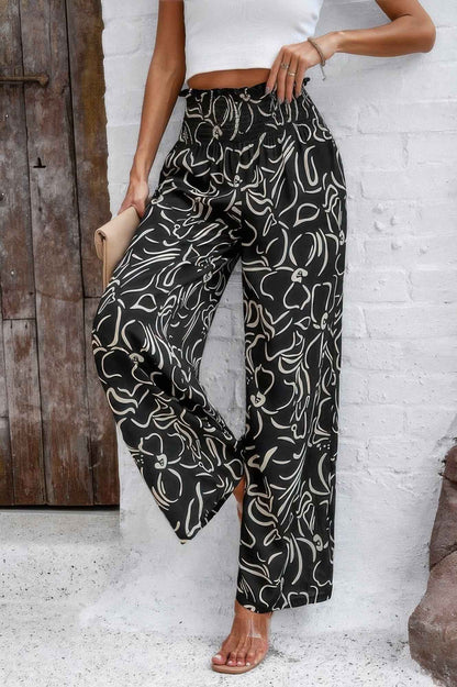 Allover Print Pockets Elastic Band Belt Pant