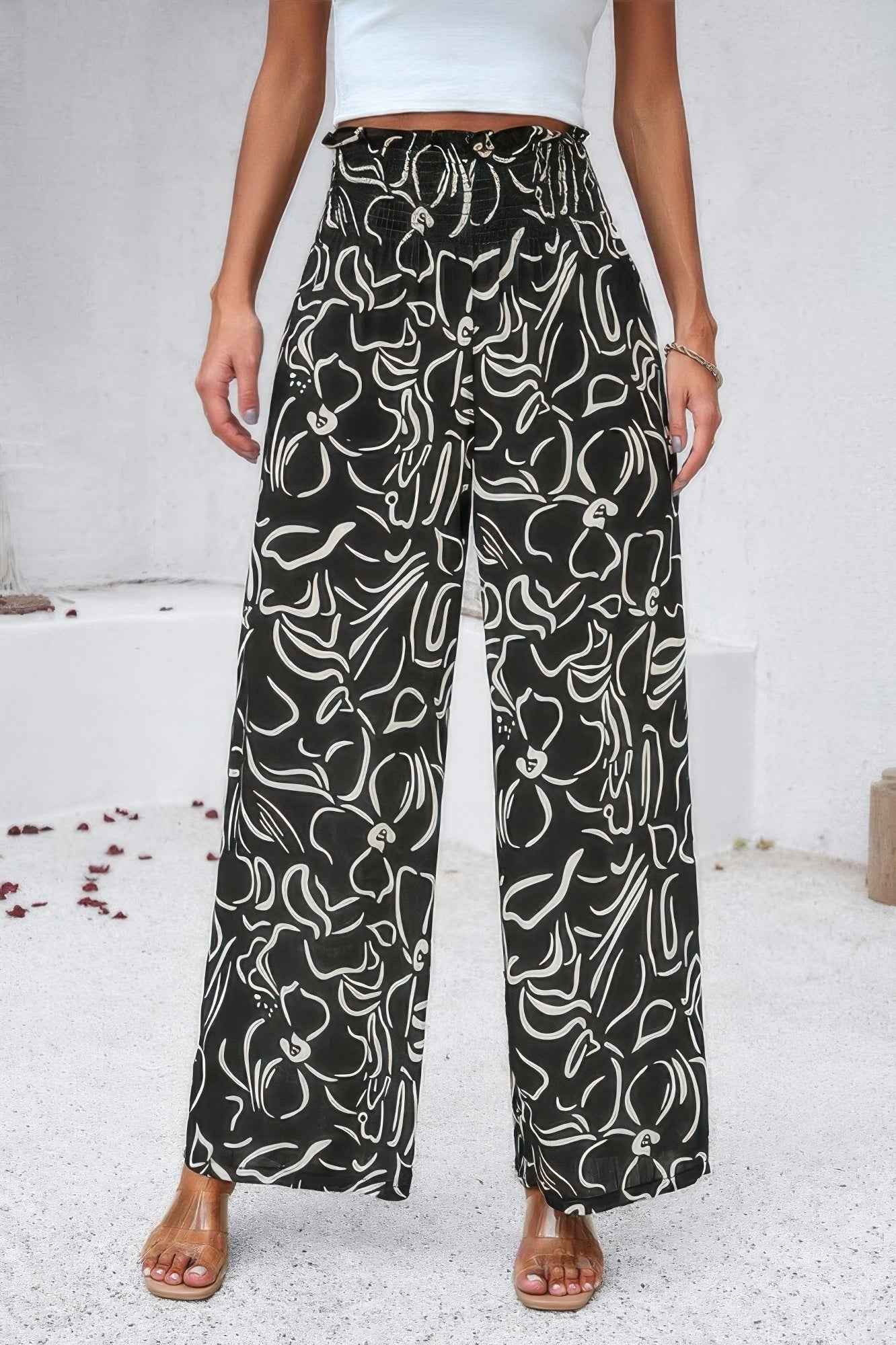 Allover Print Pockets Elastic Band Belt Pant