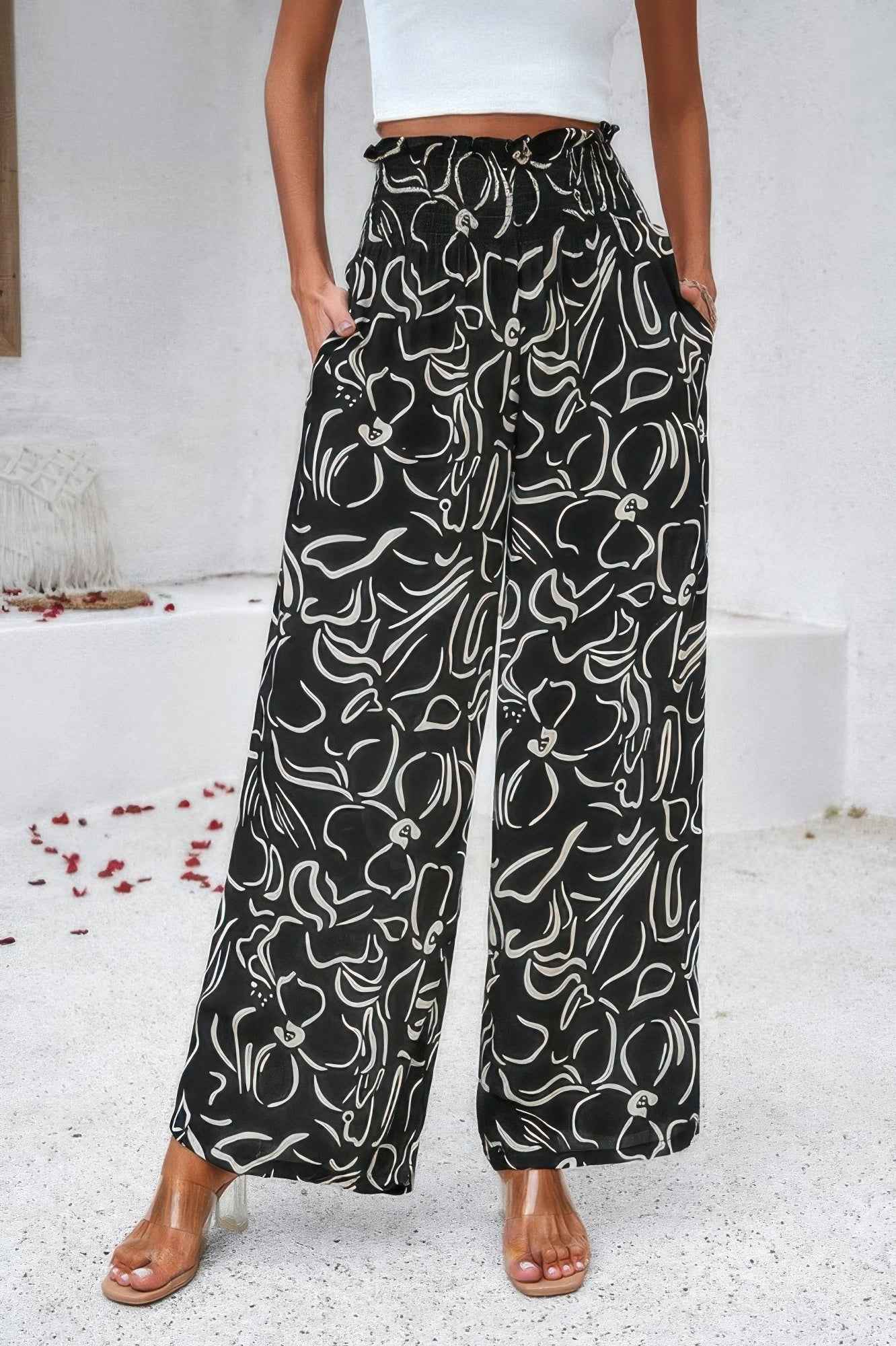 Allover Print Pockets Elastic Band Belt Pant