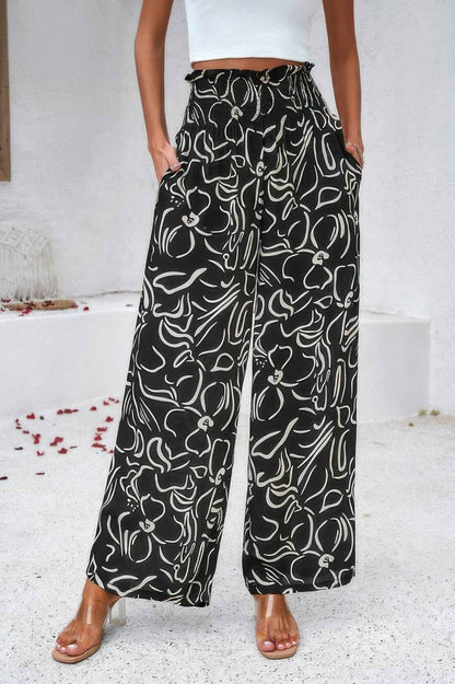 Allover Print Pockets Elastic Band Belt Pant