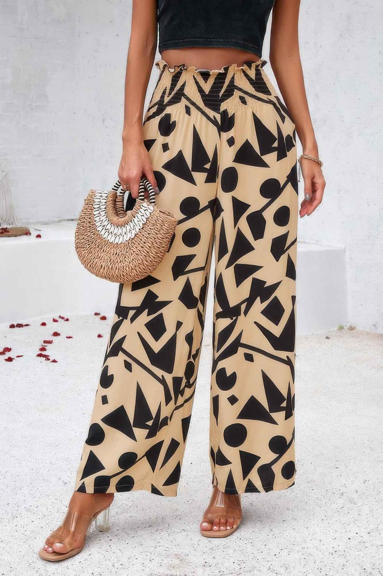 Allover Print Pockets Elastic Band Belt Pant