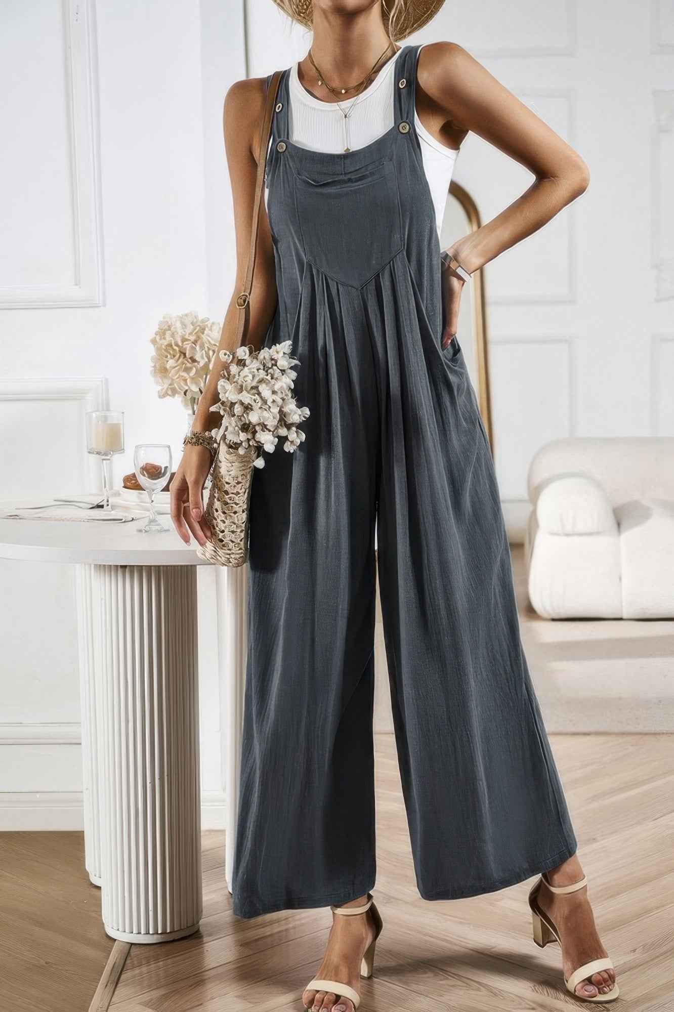 Solid Wide Leg Pocketed Shoulder Tie Overalls