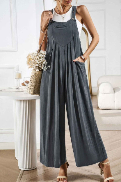 Solid Wide Leg Pocketed Shoulder Tie Overalls