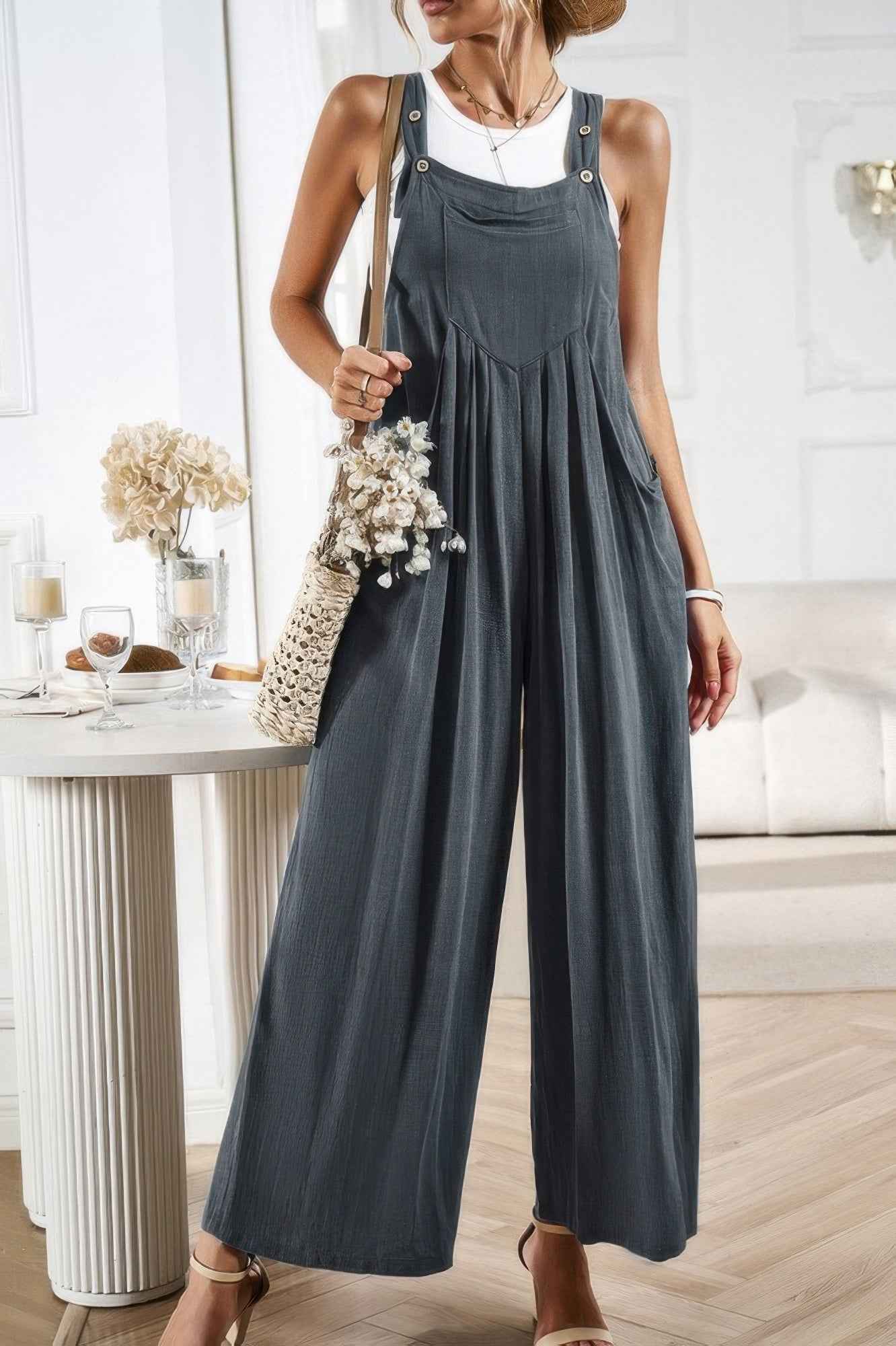 Solid Wide Leg Pocketed Shoulder Tie Overalls