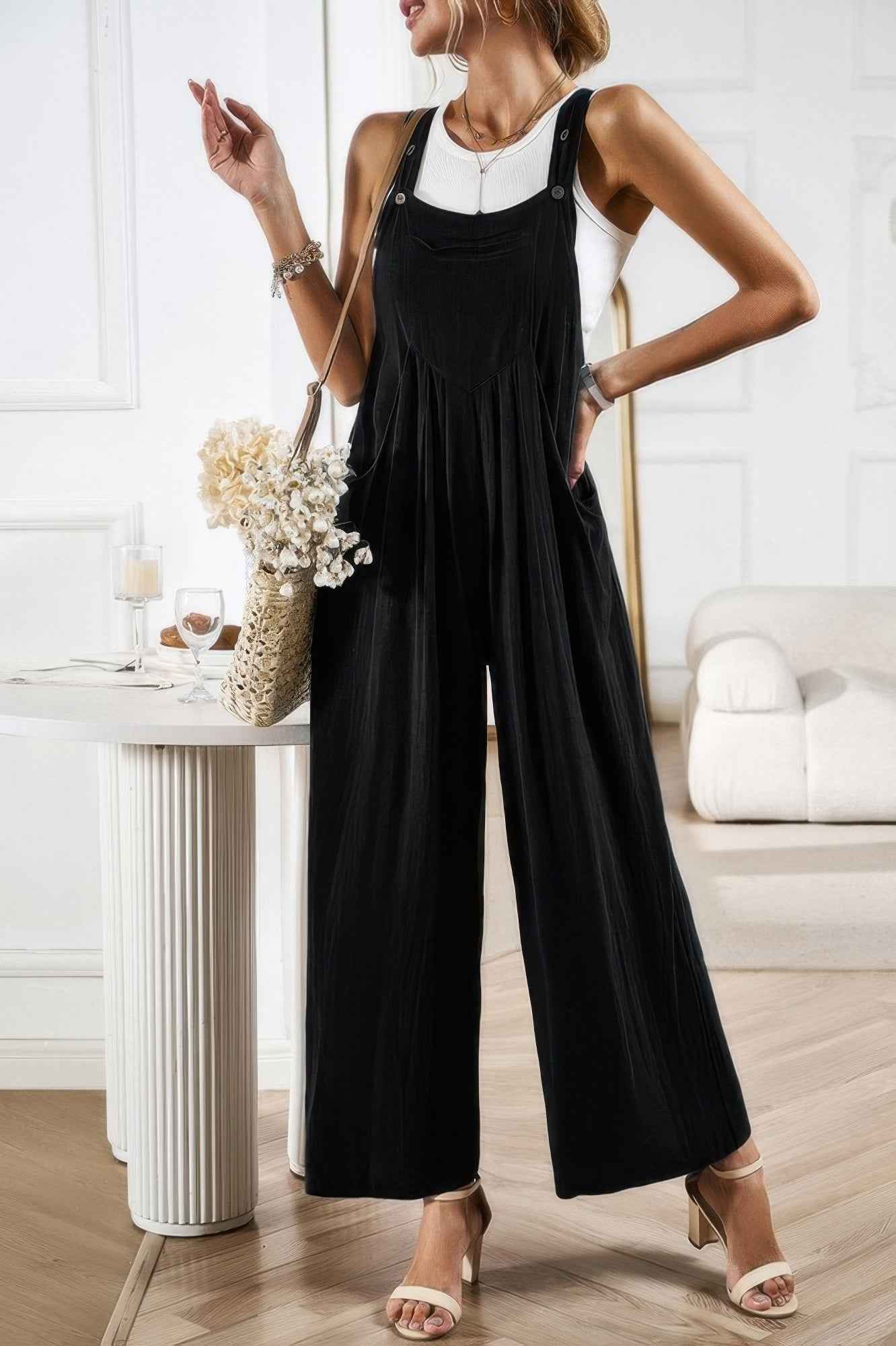 Solid Wide Leg Pocketed Shoulder Tie Overalls