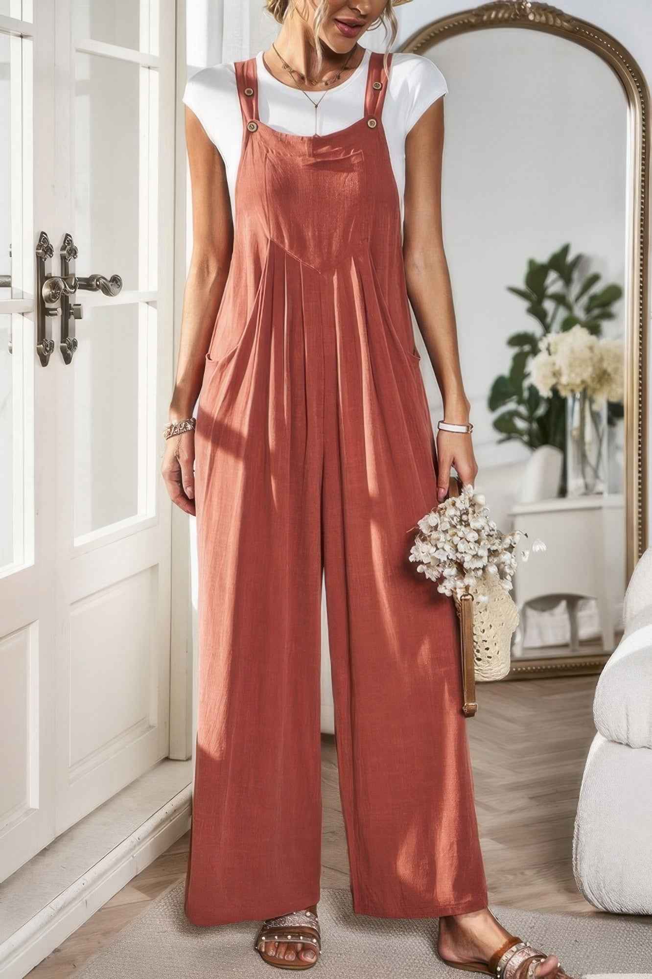 Solid Wide Leg Pocketed Shoulder Tie Overalls