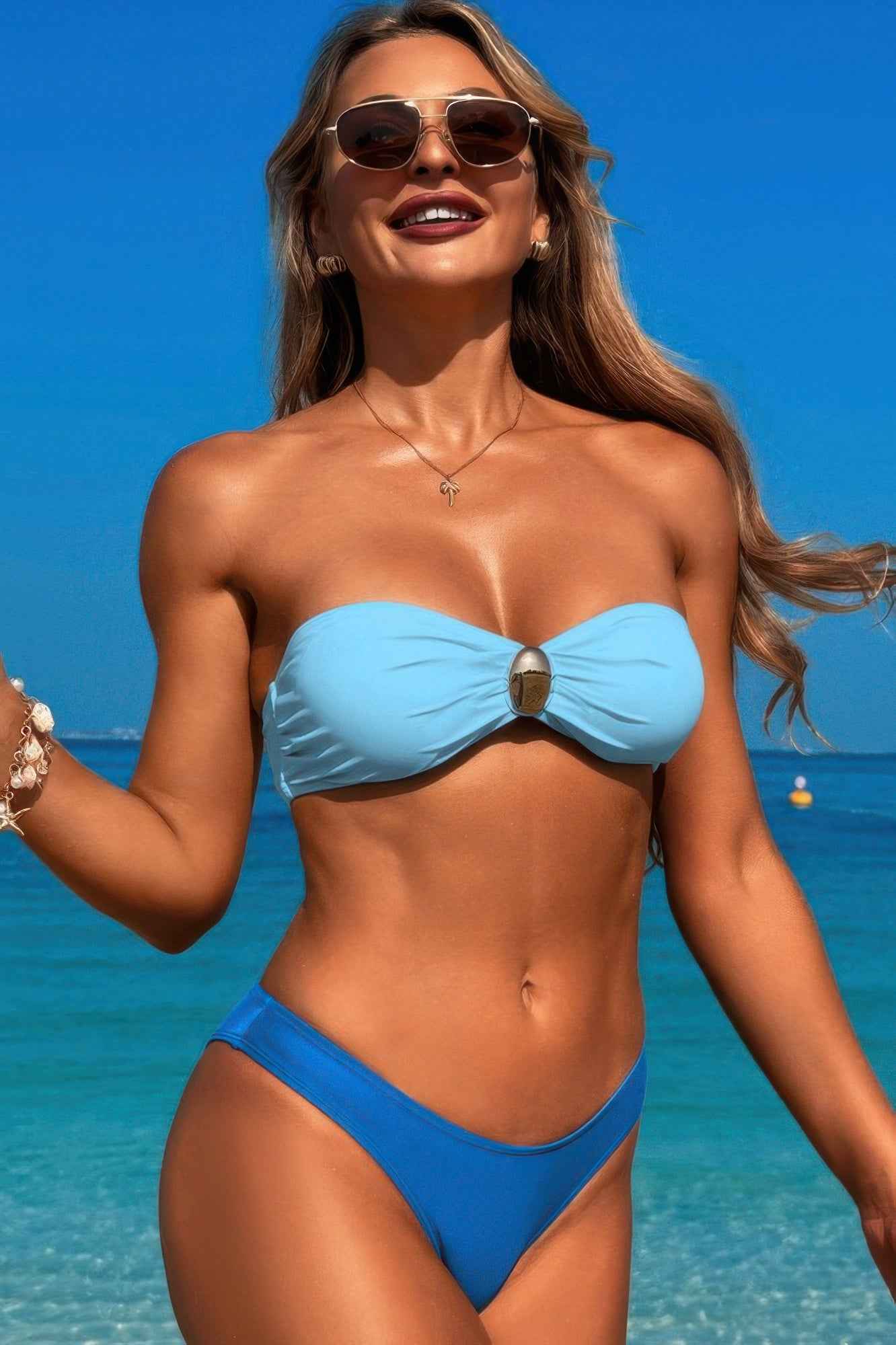 Solid Color Metal Decor Strapless Bikini Swimsuit