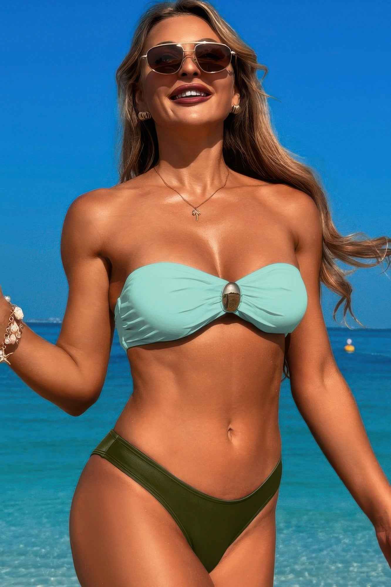 Solid Color Metal Decor Strapless Bikini Swimsuit