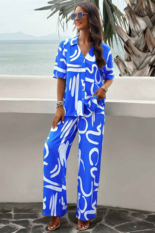 Print Front Button Two Pieces Blouse Sets