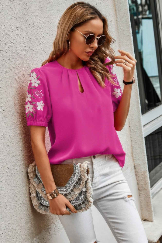 Floral Keyhole Neckline Puff Sleeve Blouse