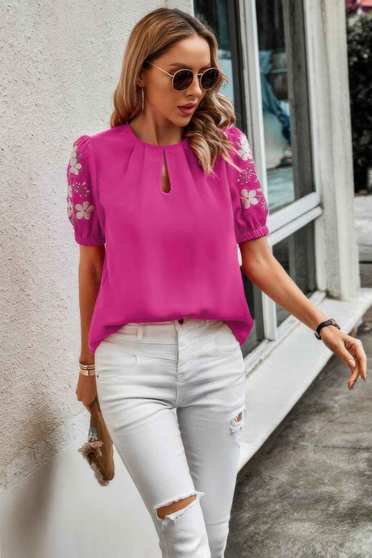 Floral Keyhole Neckline Puff Sleeve Blouse