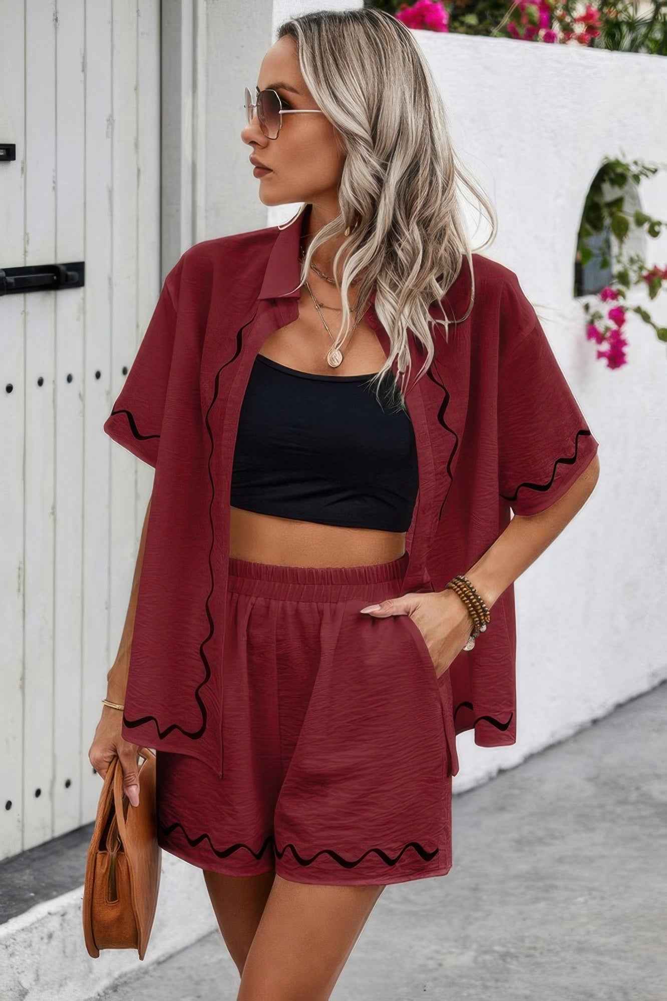 Two Piece Button Down Short Sleeve Outfits Sets