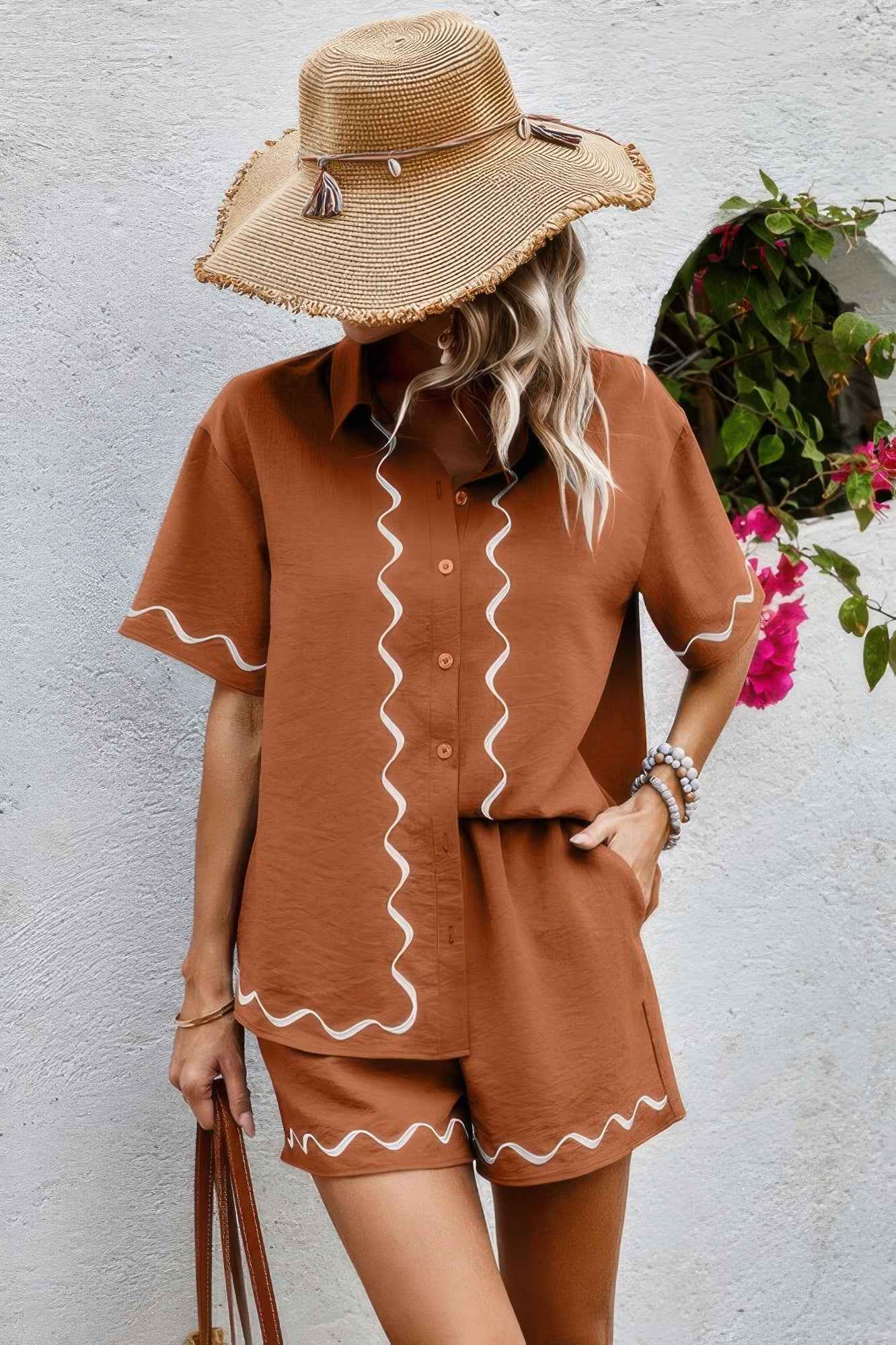 Two Piece Button Down Short Sleeve Outfits Sets