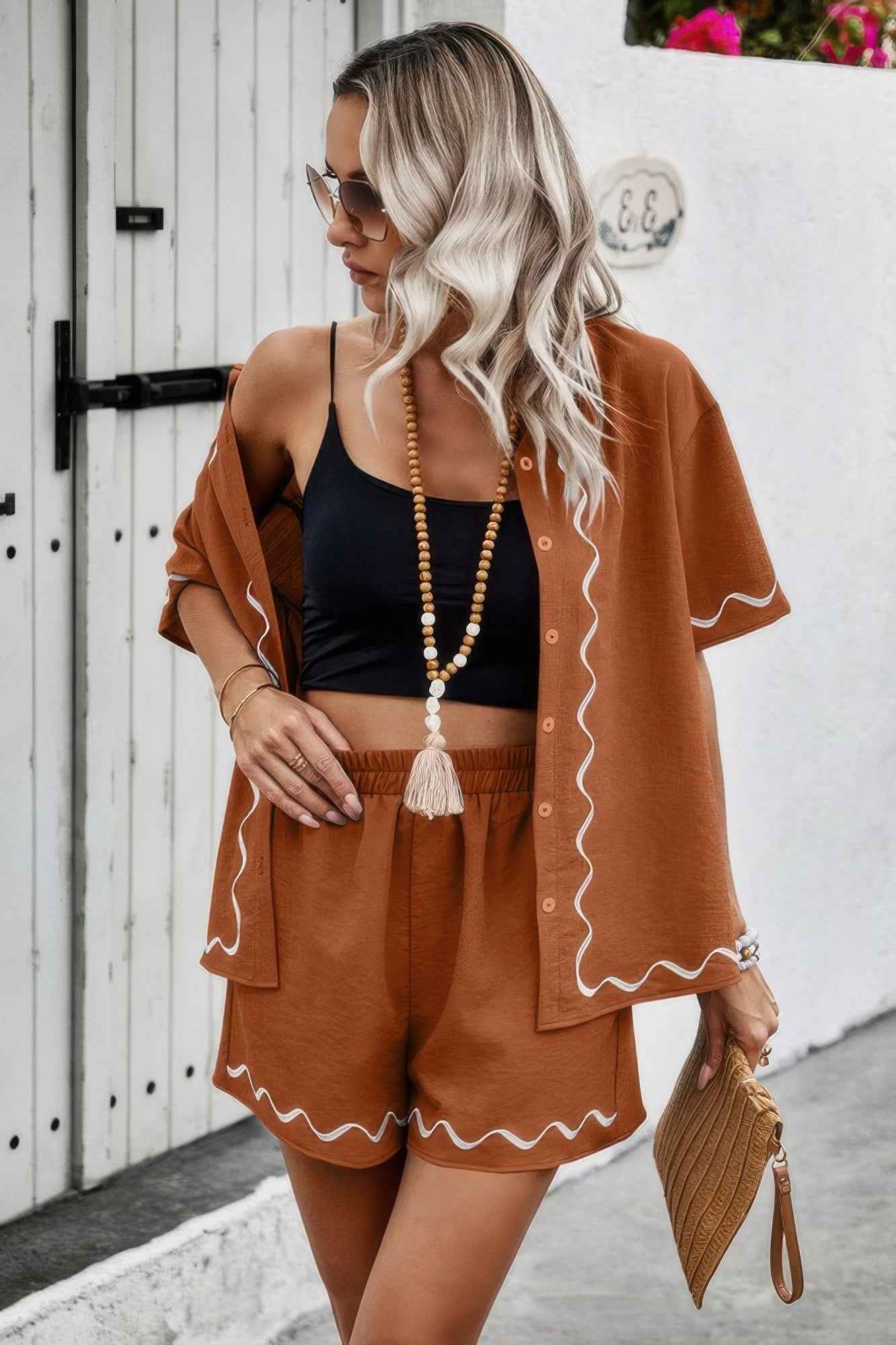 Two Piece Button Down Short Sleeve Outfits Sets