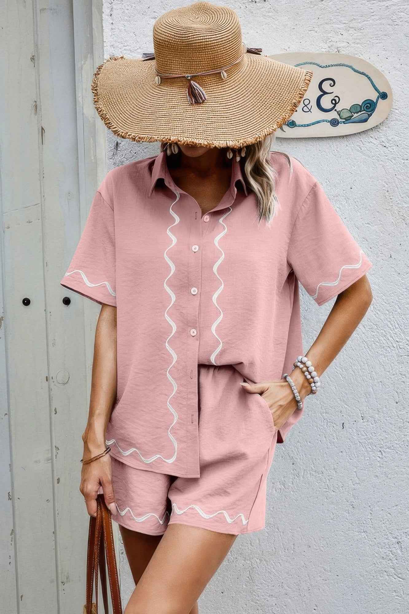 Two Piece Button Down Short Sleeve Outfits Sets