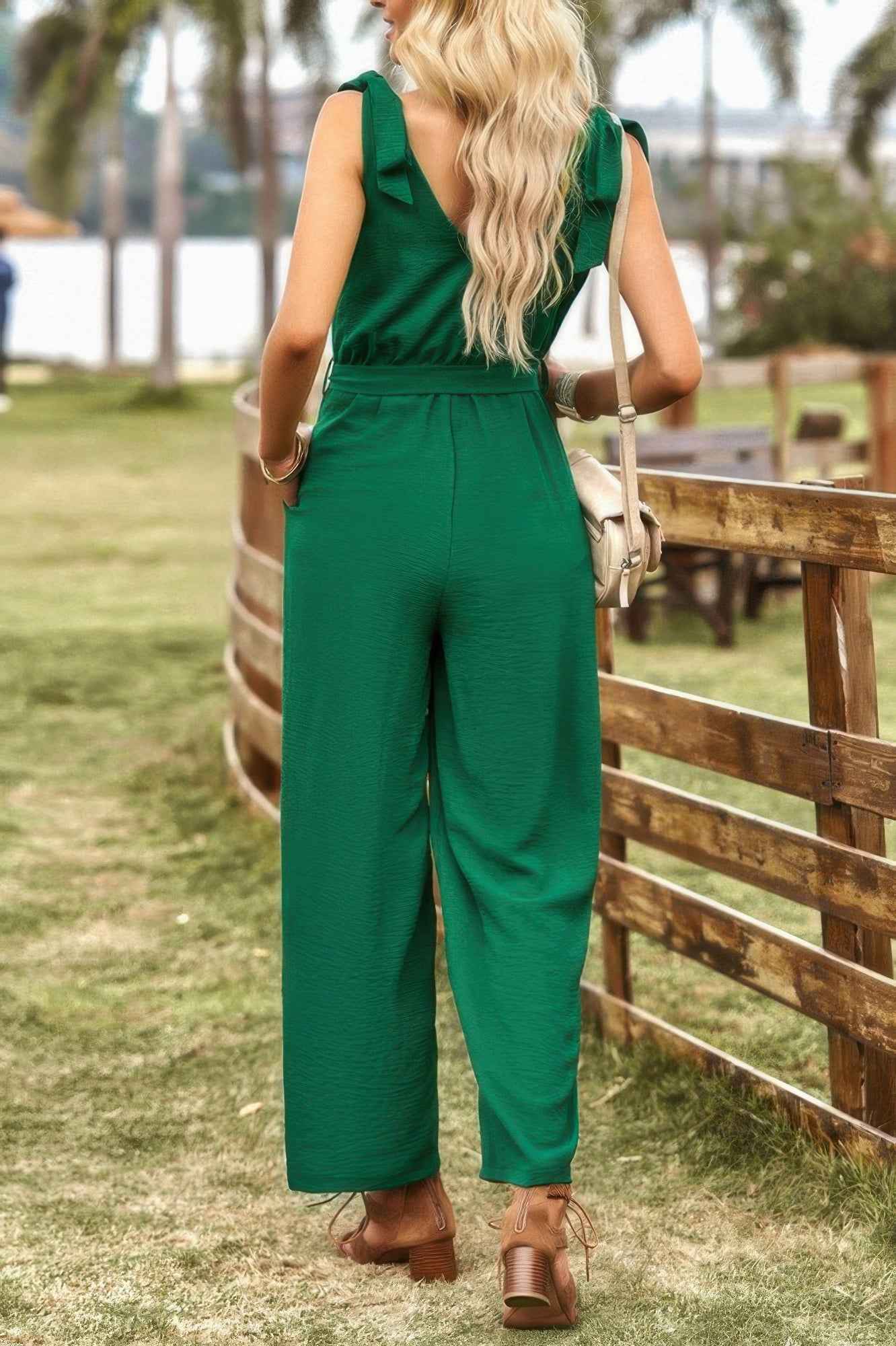 Solid V Neck Knot Shoulder Sleeveless Ruched Belt