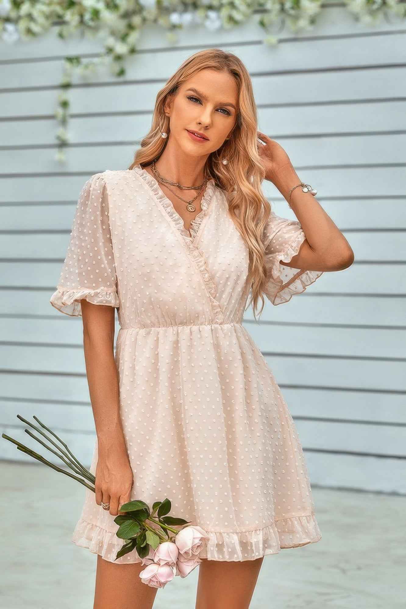 Swiss Dot Frill Trim Puff Sleeve Surplice Dress