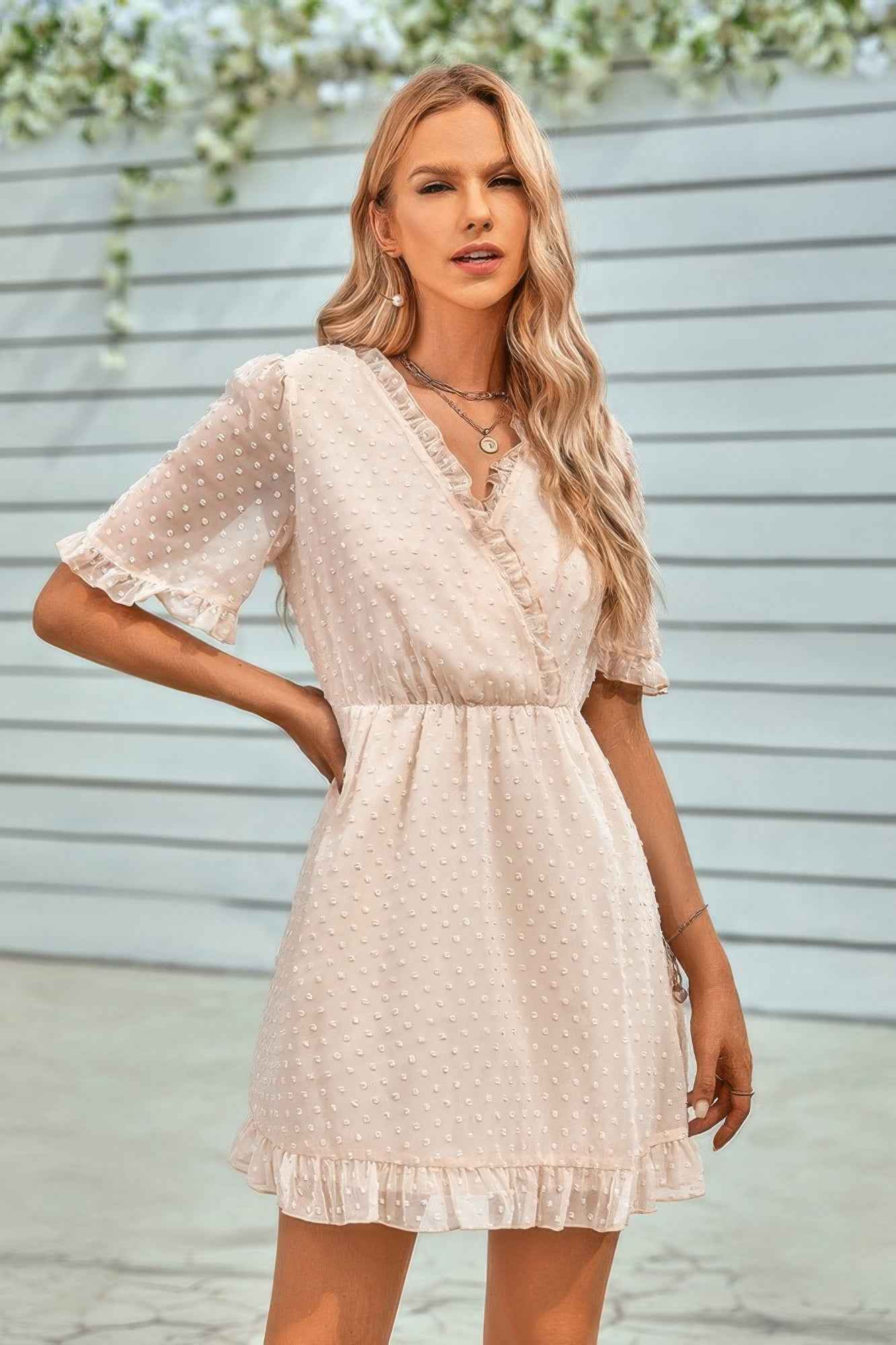 Swiss Dot Frill Trim Puff Sleeve Surplice Dress