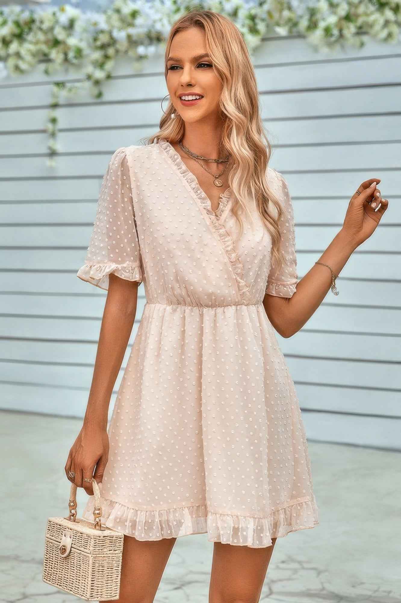 Swiss Dot Frill Trim Puff Sleeve Surplice Dress