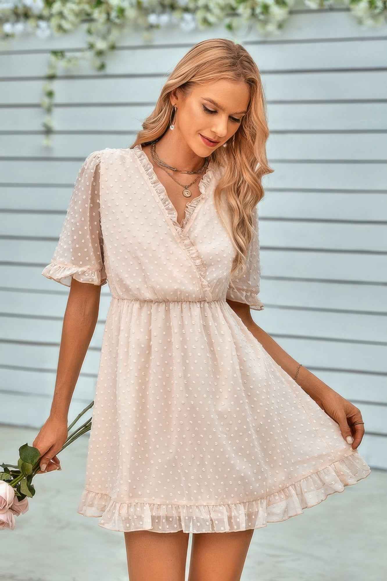 Swiss Dot Frill Trim Puff Sleeve Surplice Dress