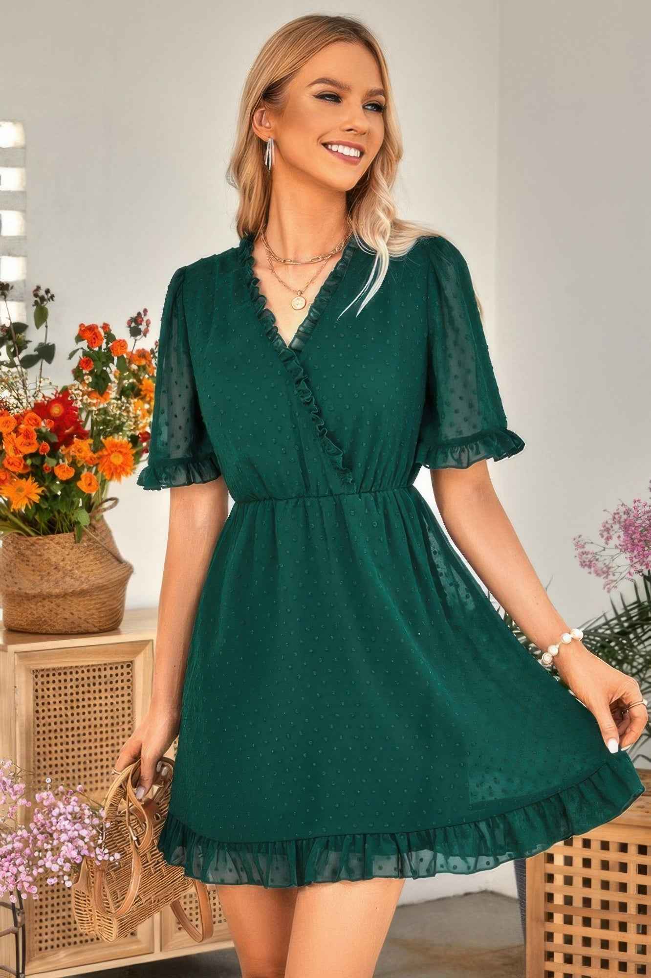 Swiss Dot Frill Trim Puff Sleeve Surplice Dress