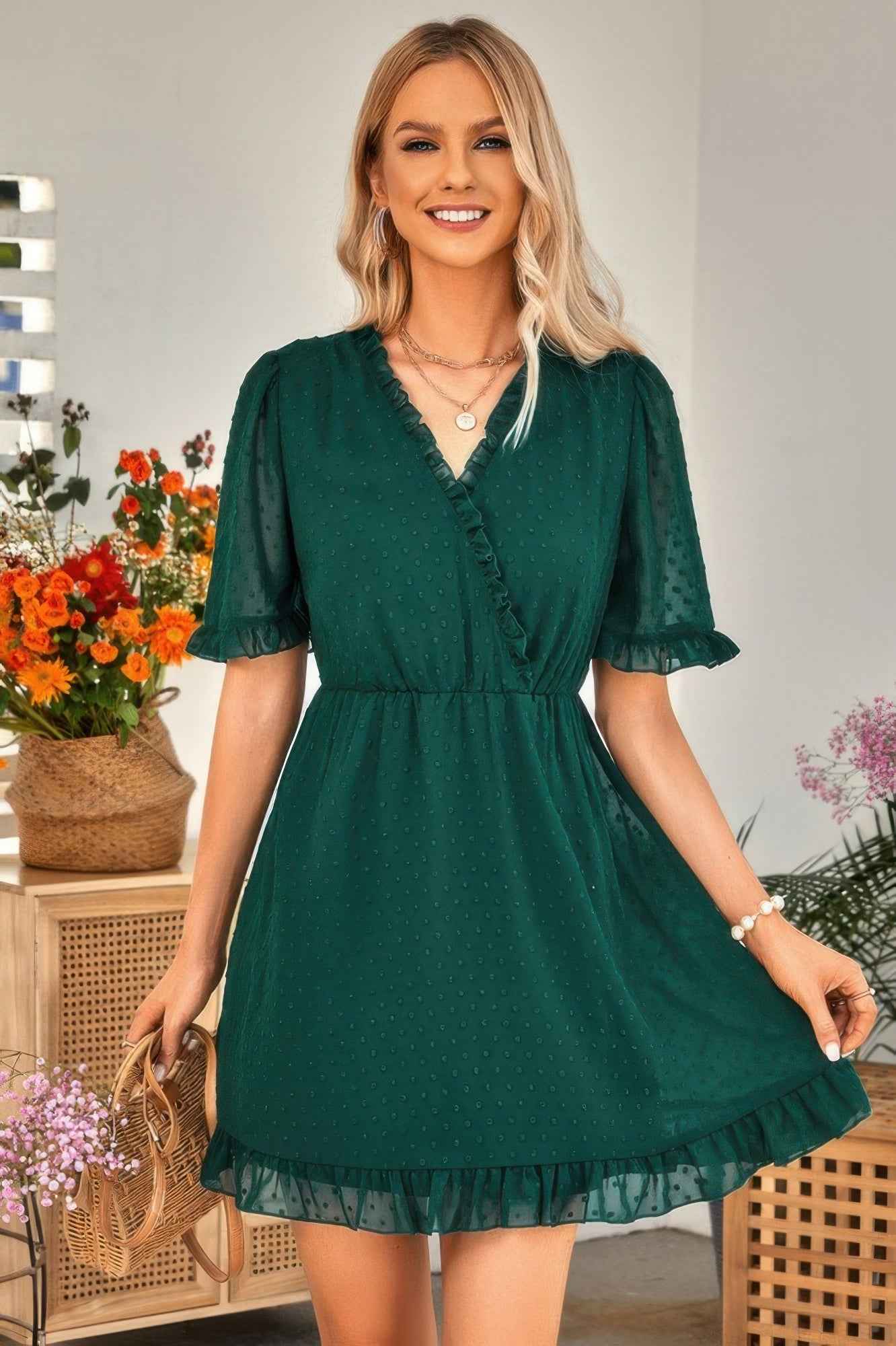 Swiss Dot Frill Trim Puff Sleeve Surplice Dress
