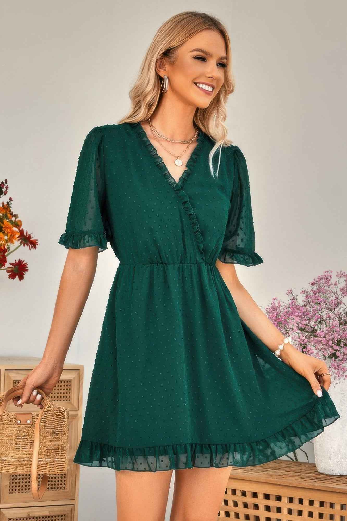 Swiss Dot Frill Trim Puff Sleeve Surplice Dress