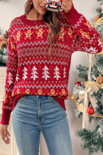 Knit Christmas Print Round Neck Loose Fit Sweater - It's a Girly Place