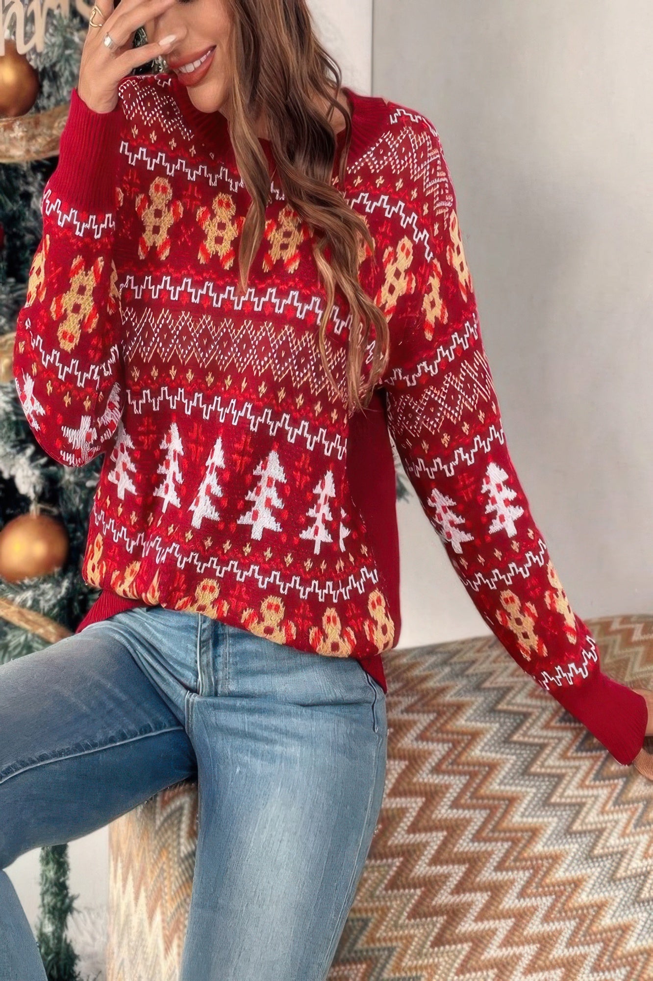 Knit Christmas Print Round Neck Loose Fit Sweater - It's a Girly Place