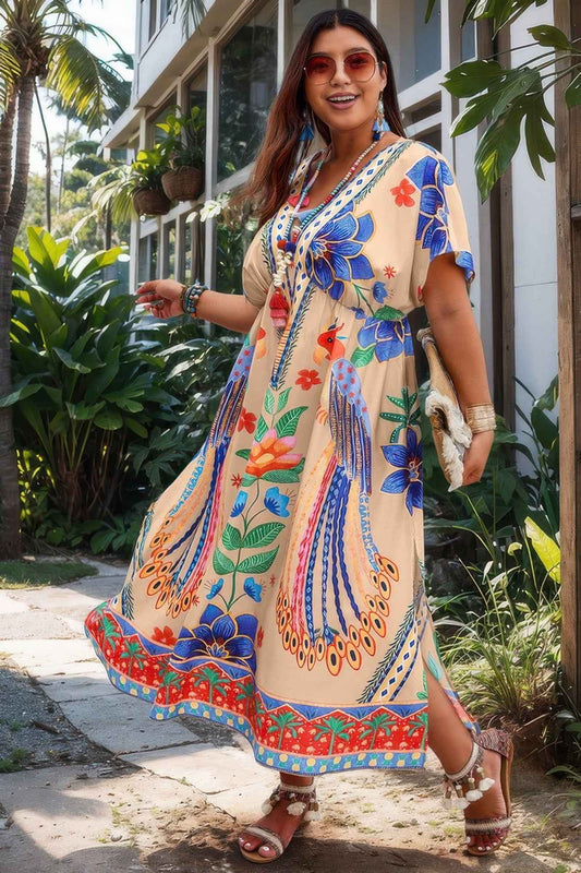 Plus Deep V Neck Allover Print High Waist Dress