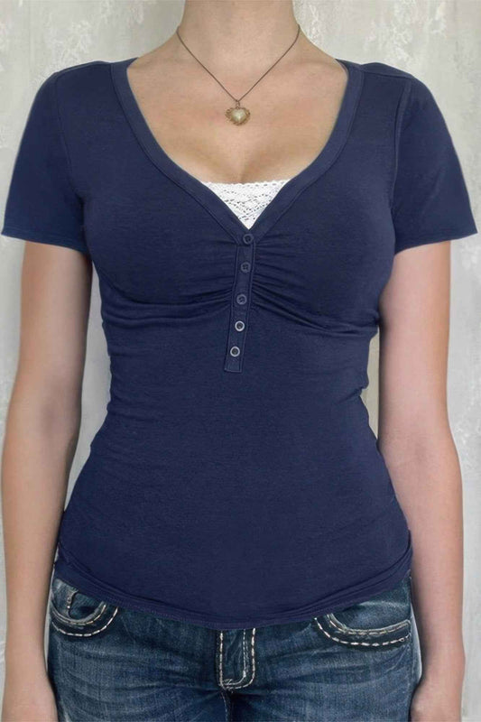 V Neck Solid Lace Splicing Button Fitted Shirt