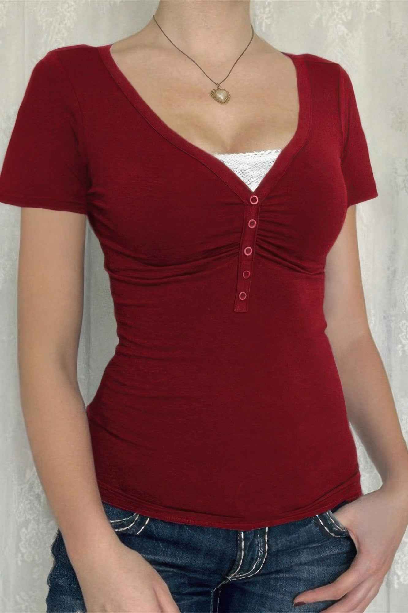 V Neck Solid Lace Splicing Button Fitted Shirt