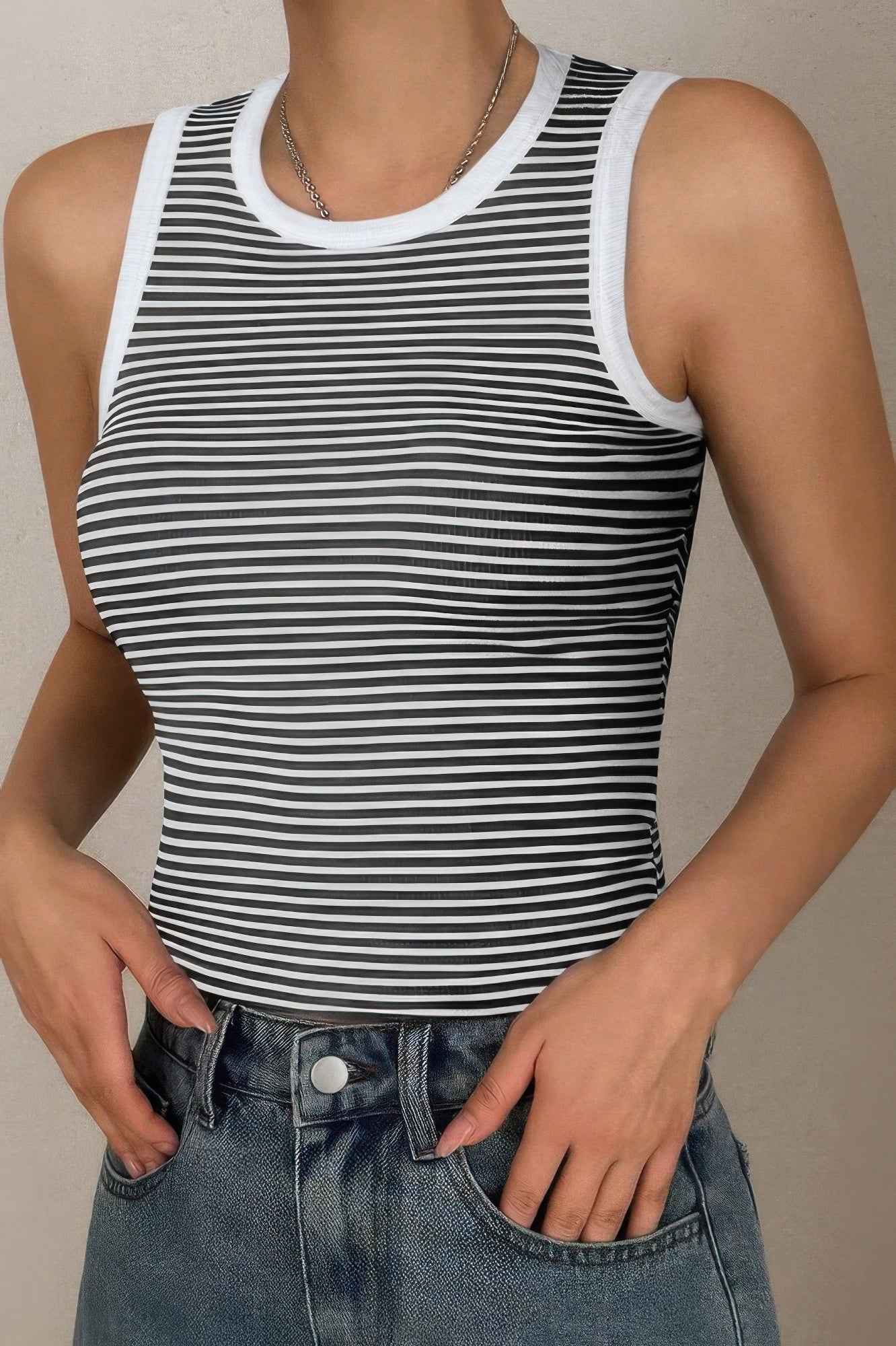 Striped Round Neck White Trim Crop Fitted Tank Top