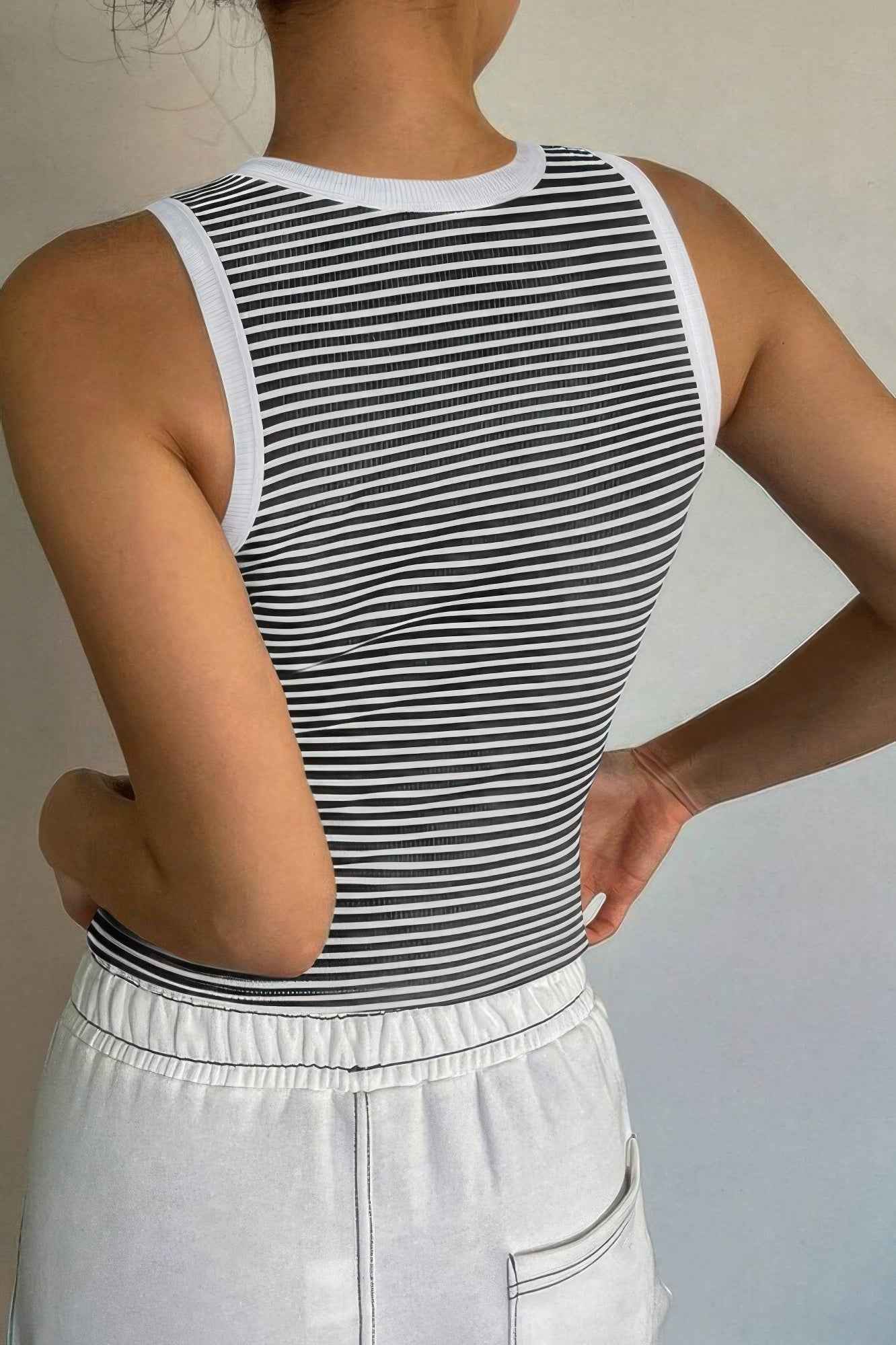 Striped Round Neck White Trim Crop Fitted Tank Top