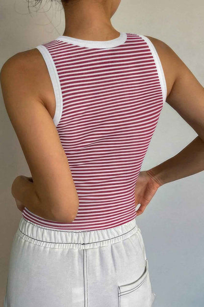 Striped Round Neck White Trim Crop Fitted Tank Top