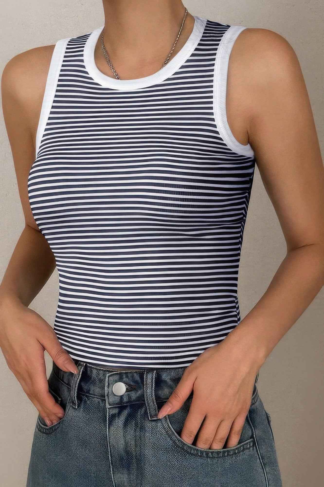 Striped Round Neck White Trim Crop Fitted Tank Top