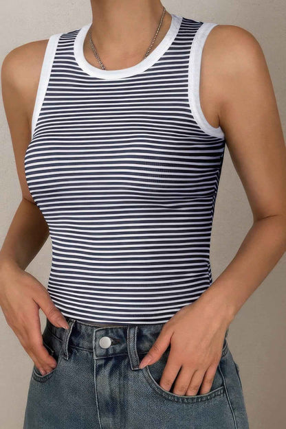 Striped Round Neck White Trim Crop Fitted Tank Top