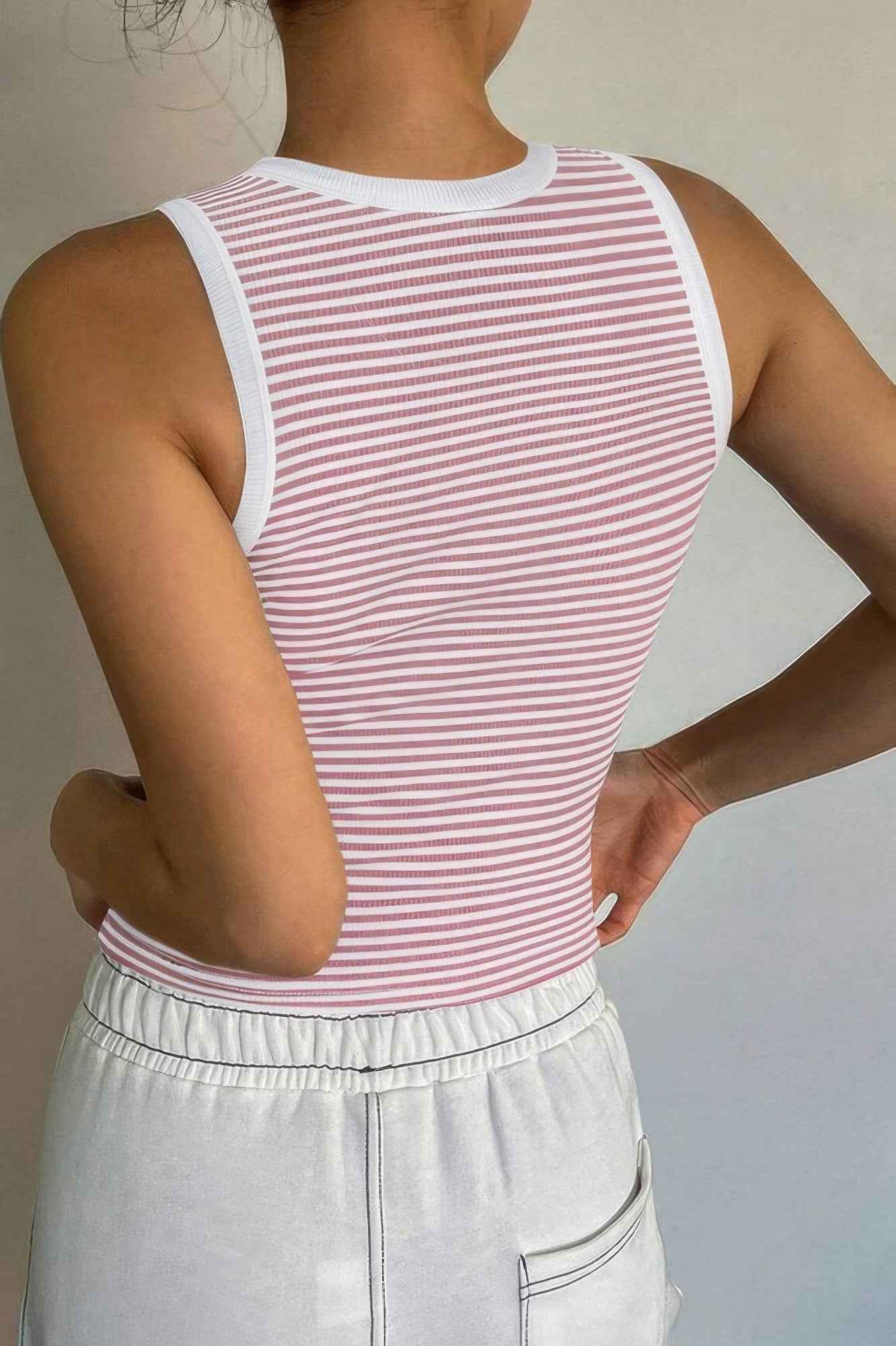 Striped Round Neck White Trim Crop Fitted Tank Top