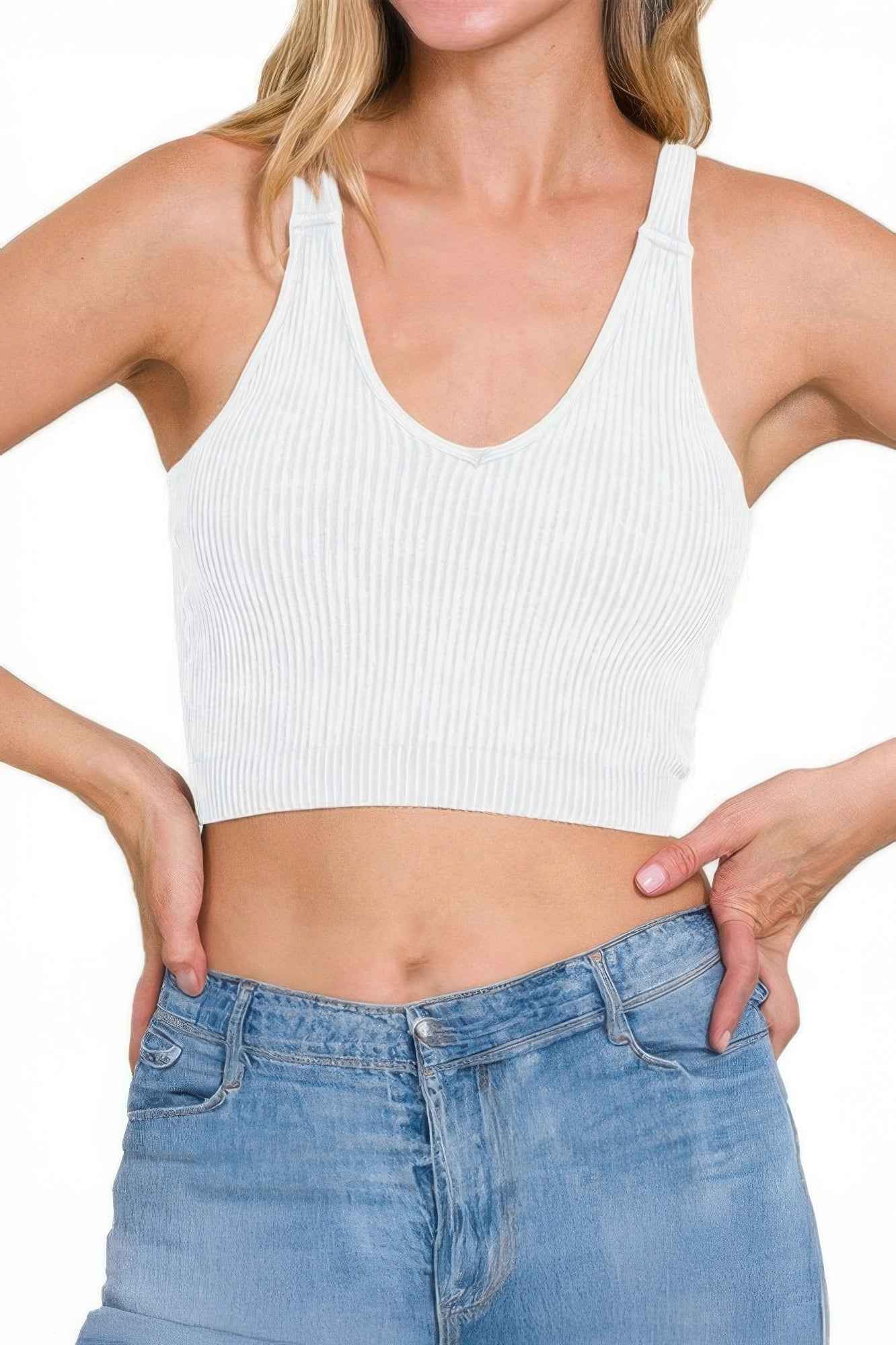 Solid V Neck Elastic Sleeveless High Waist Top