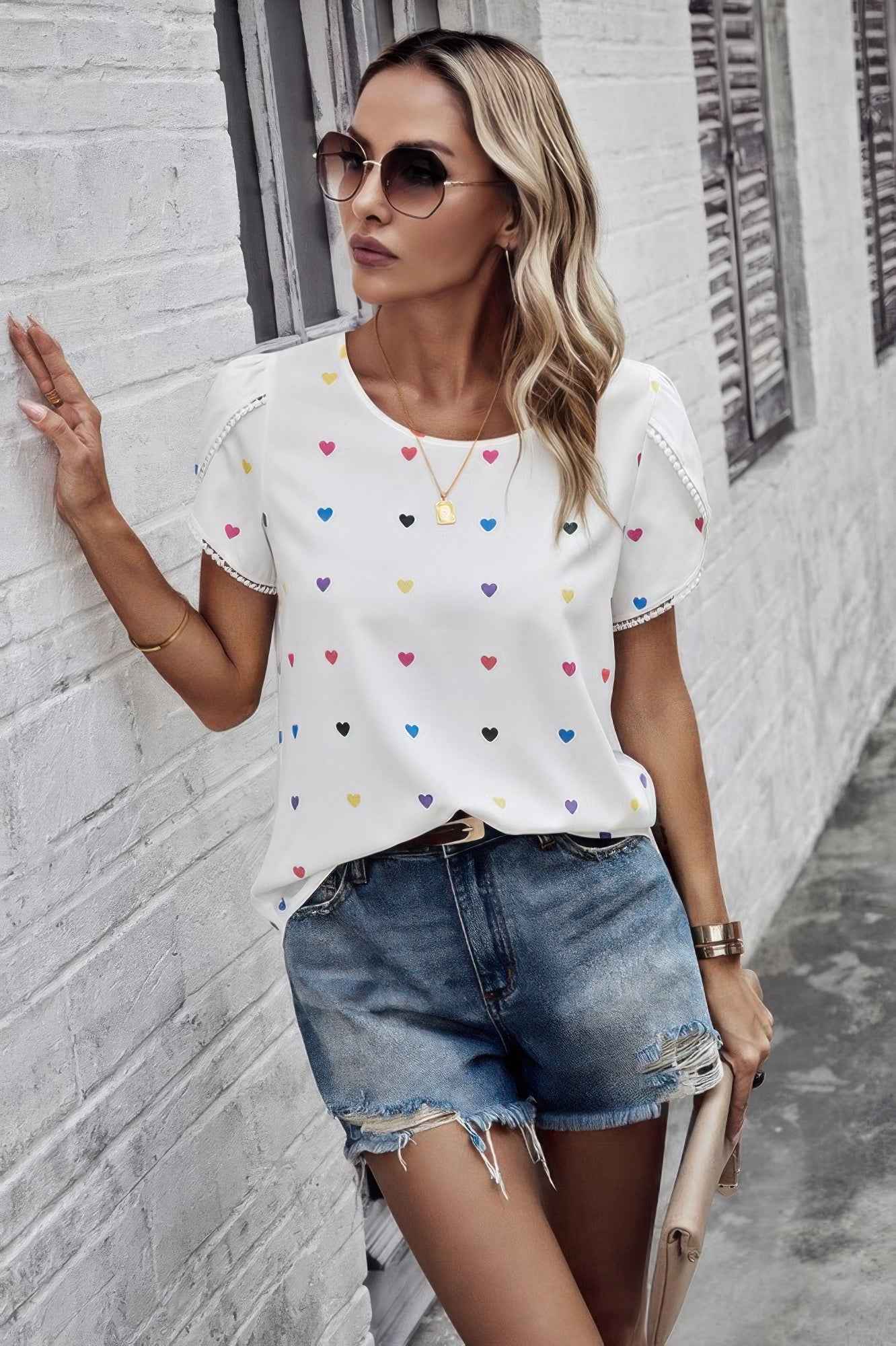 Heart Print Round Neck Loose Fit Shirt