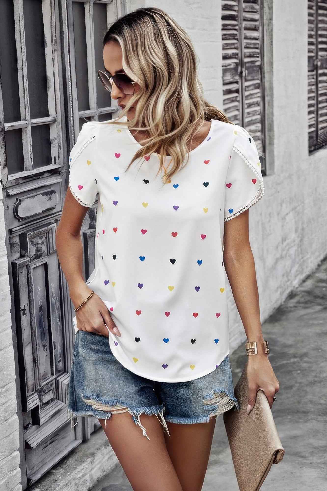 Heart Print Round Neck Loose Fit Shirt