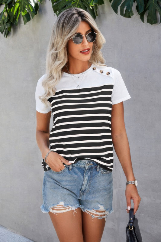 Strip Round Neck Loose Fit Button Tee - It's a Girly Place