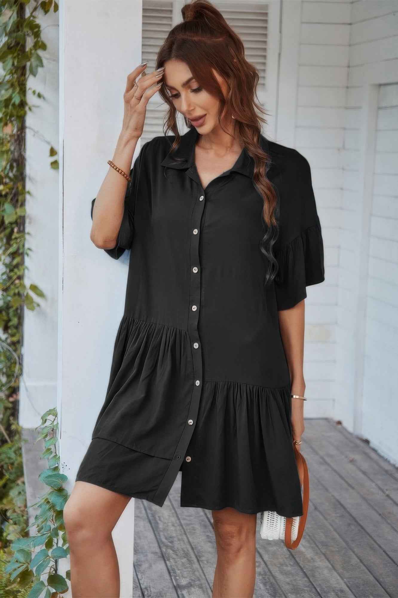 V Neck Solid Tunic Dress