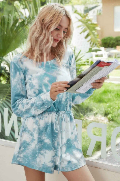 Tie Dye Round Neck Drawstring Romper