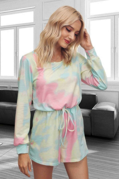 Tie Dye Round Neck Drawstring Romper