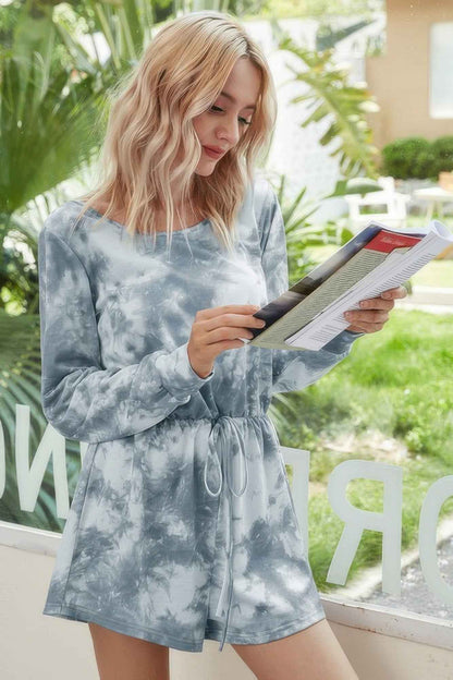 Tie Dye Round Neck Drawstring Romper